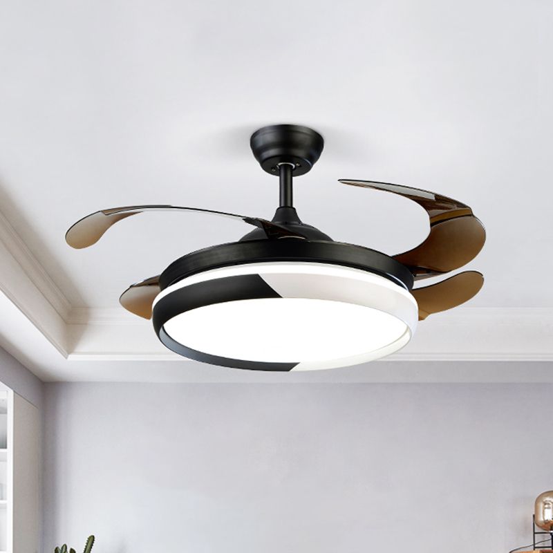 LED Acrylic Semi-Flush Ceiling Light Rustic Black Circle Living Room 5-Blade Pendant Fan Lamp, 52" Wide