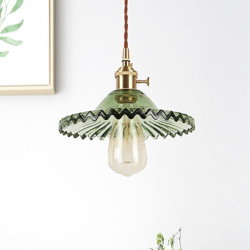 1-Light Scalloped Pendant Lamp Retro Industrial Style Lotus Glass Restaurant Hanging Lamp