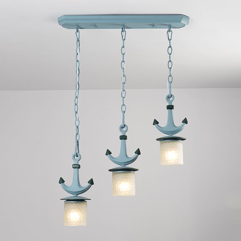 Cylindrical Playroom Pendant Lamp Dimpled Glass 3 Bulbs Modernism Multiple Ceiling Light in Blue, Linear/Round Canopy