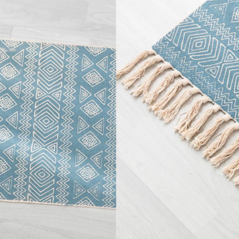 Beige Bohemian Rug Cotton Ethnic Pattern Carpet Fringe Indoor Rug for Home Decoration