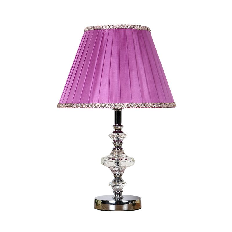 Conical Fabric Night Table Light Lodge Single Bulb Bedroom Nightstand Lamp in Purple with Crystal Accent