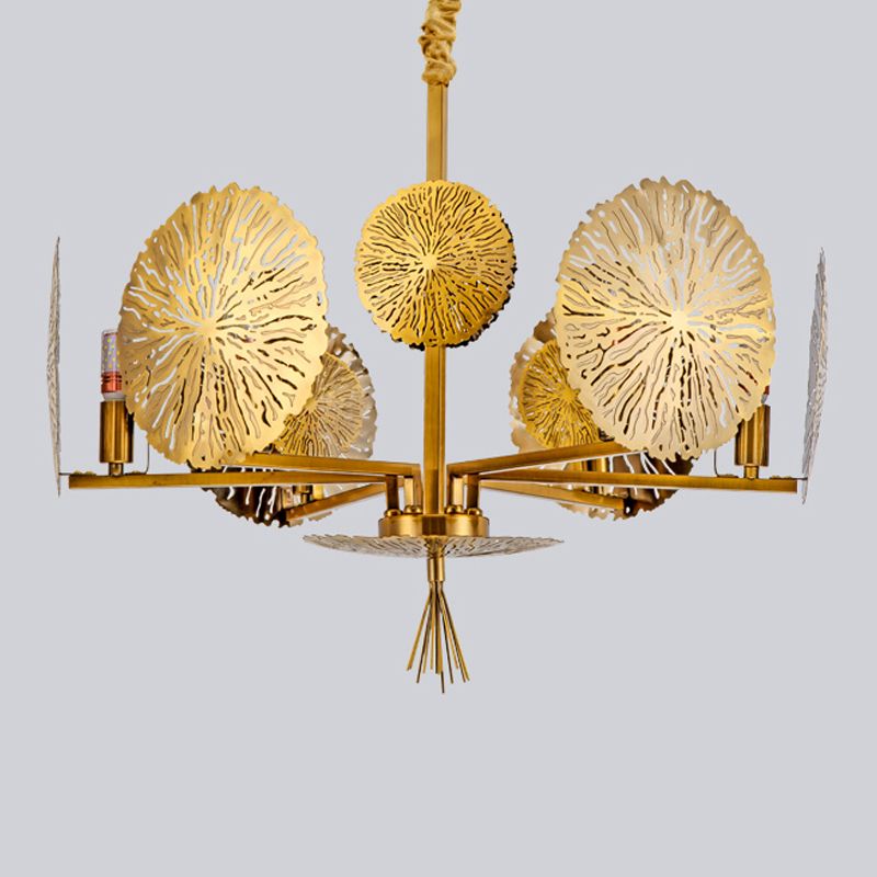 Postmodern Style Metal Chandelier Light Fixture Gold Lotus Leaf Shape Pendant Light