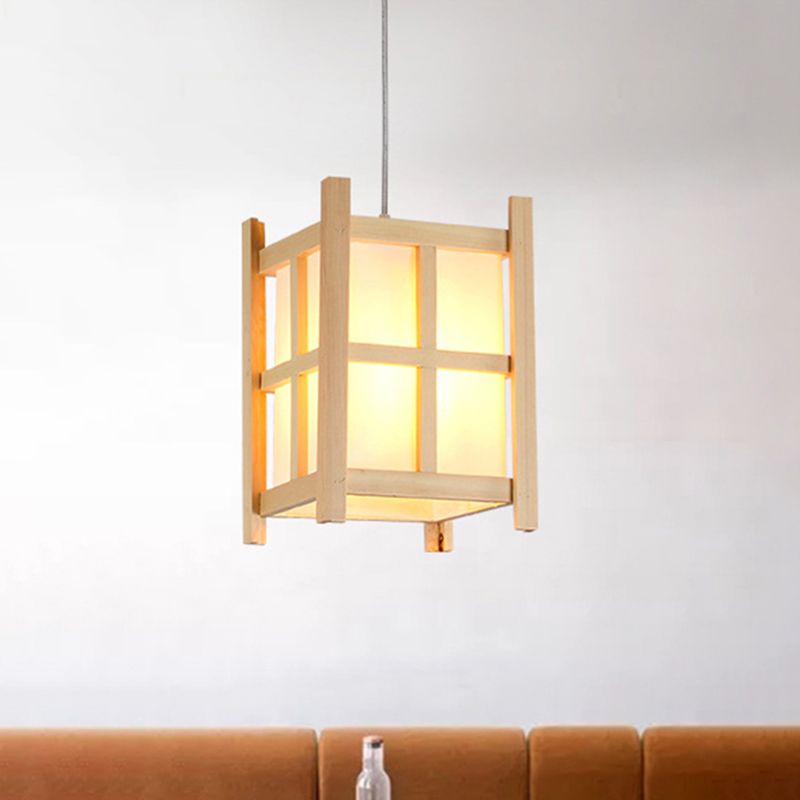 Wooden Square Pendant Lighting Asian 1-Light Hanging Lamp with Paper Shade for Restaurant