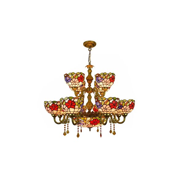 15 lumières Dome Shade suspendu Light Tiffany Treated Tanking Chandelier à deux niveaux avec motif de fleurs pour salle à manger