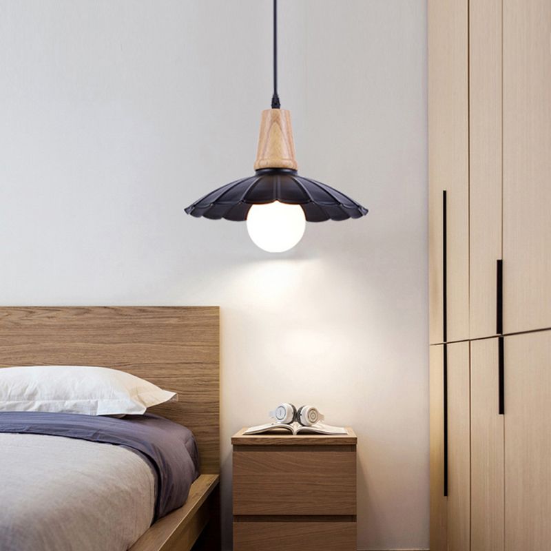 Scalloped Metal Hanging Light Fixture Industrial Single Head Bedroom Suspension Pendant with Wooden Cap in White/Black