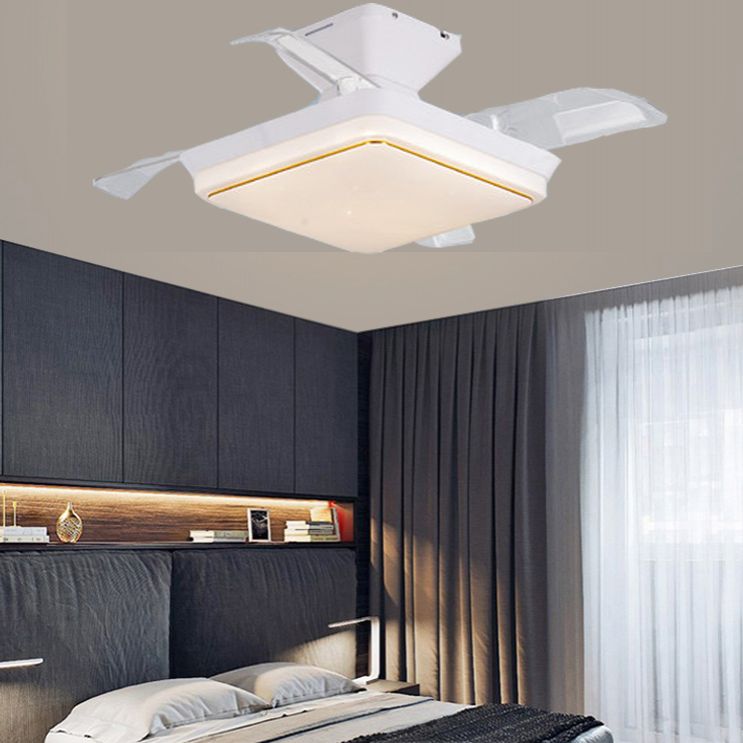 Minimalist Square LED Ceiling Fan Lamp Dining Room Semi Flush Light Fixture in White