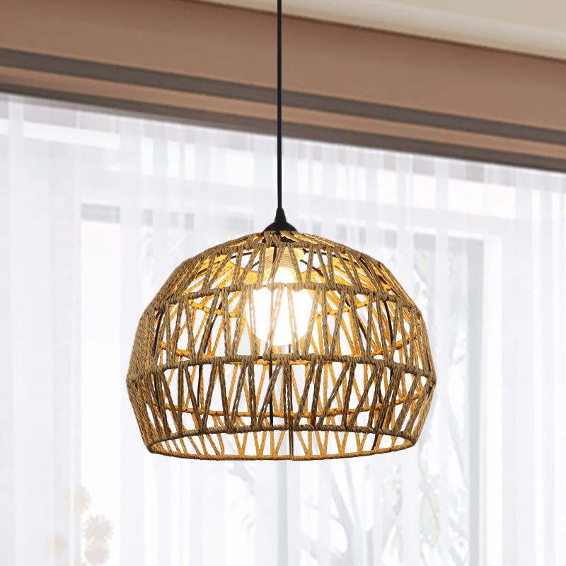 1/3-Bulb Corridor Hanging Light Fixture with Domed Rattan Shade Black/Beige Suspended Lamp