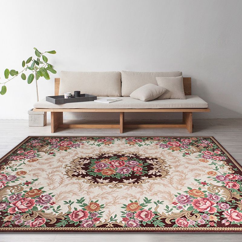 Luxurious Blossom Pattern Rug with Leaf Multicolor Vintage Carpet Polyester Washable Pet Friendly Anti-Slip Area Rug for Parlour