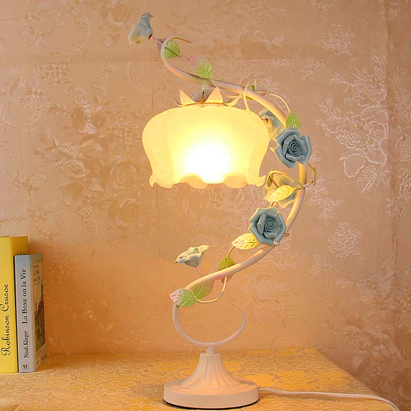 1 Bulb Night Table Lamp Countryside Flower White Glass Nightstand Lighting in Pink/Blue/Green for Bedroom