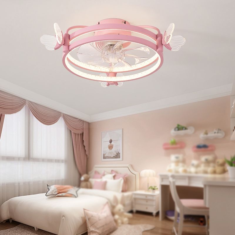 Metal Circle Flush Mount Fan Light Modern Colorful LED Fan Light for Kid Room