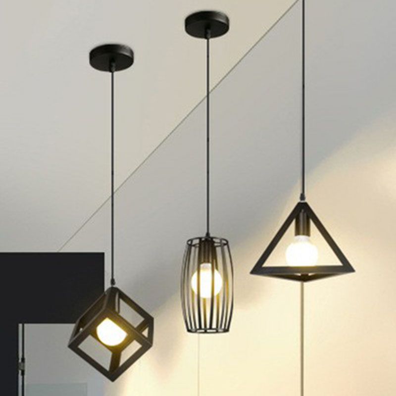 Luce sospesa in ferro gabbia geometrica semplicità 1 corridoio lampada a sospensione in nero