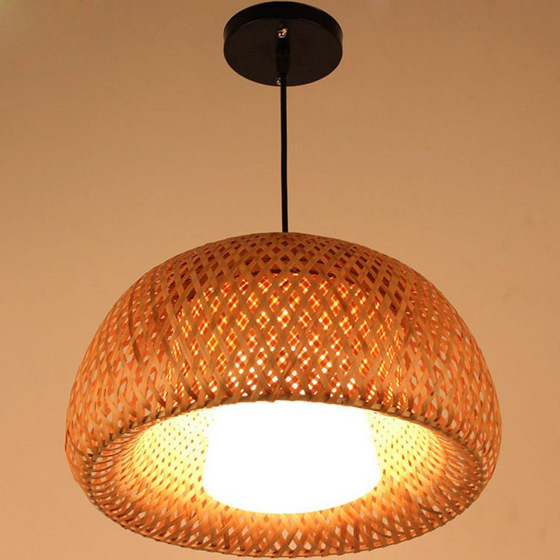 2-Layered Dome Ceiling Hang Lamp Simplicity Bamboo Single-Bulb Tea Room Pendant Light in Wood