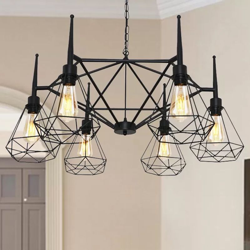 Lámpara de lámpara de lámpara de luz múltiple RETRO RETRO INDUSTRIAL Iron Techo Costil Luz de techo con cadena ajustable en negro