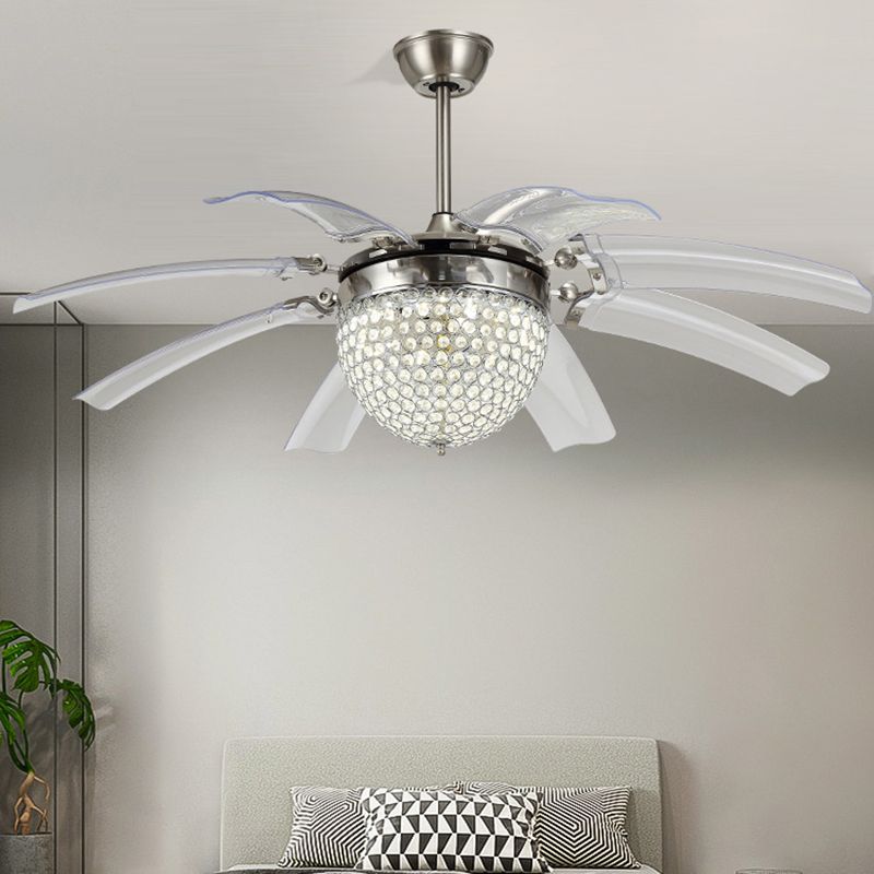 Dome Living Room Fan Lighting Fixture Modern Crystal 48" W LED Silver Semi Flush Mounted Lamp with 8 Clear Blades