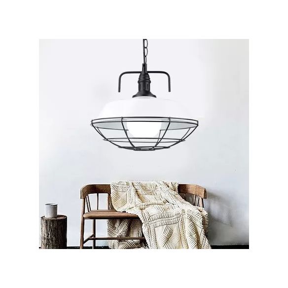 Metal Barn Pendant Light Fixture Industrial 14"/18" W 1 Light Living Room Hanging Lamp with Cage in Black/White