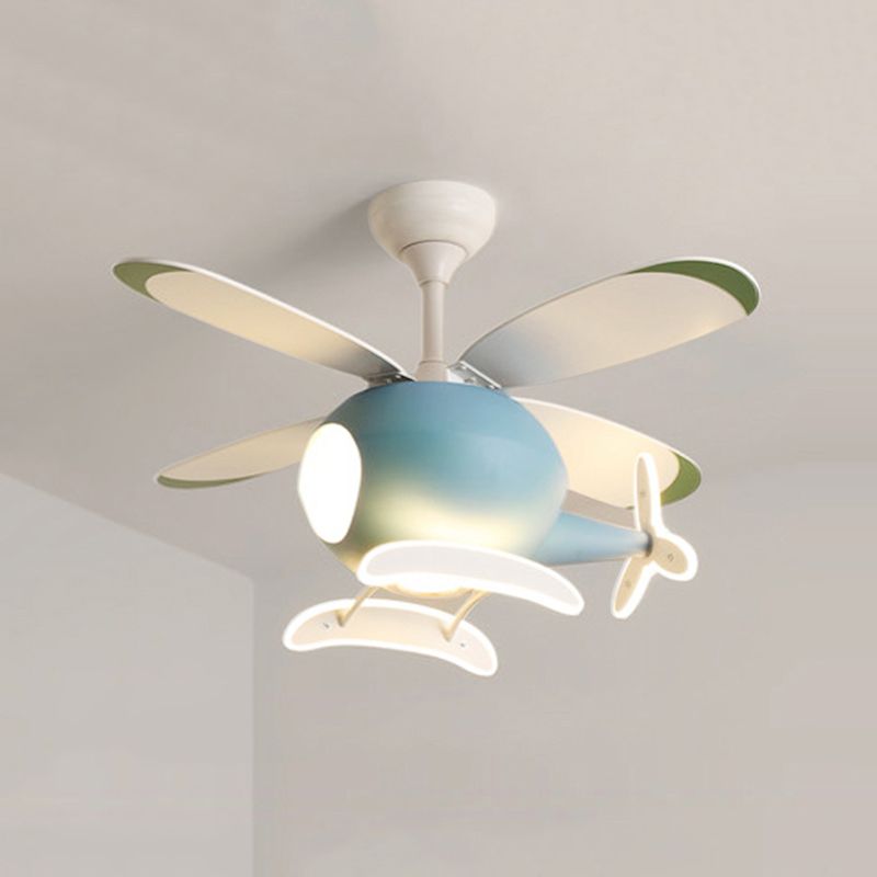 Cartoon Style Ceiling Fan Lamp Metal Semi Flush Mount Light Fixture with Wood Fan Blade