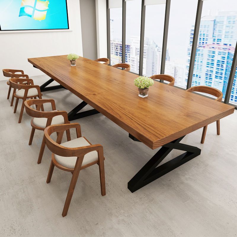 Solid Wood Industrial Meeting Desk Rectangle Fixed Writing Table