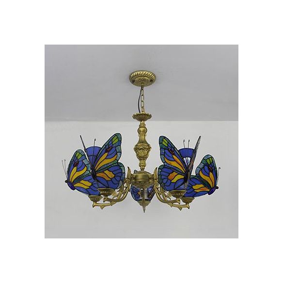 Loft Style Butterfly Ceiling Light Fixture with Adjustable Chain Stained Glass Foyer Pendant Light in White/Red/Blue/Orange-Green