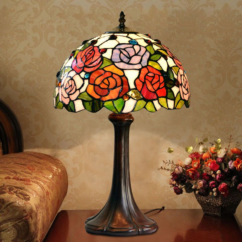 1-Head Jeweled Table Lamp Tiffany Bronze Handcrafted Art Glass Night Lighting with Blossom Pattern