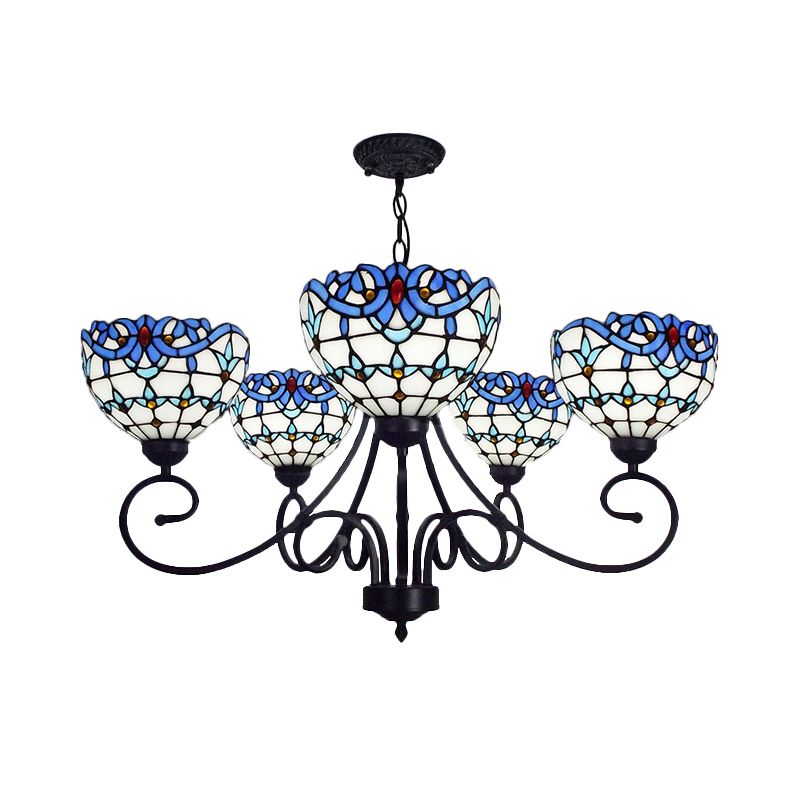 Victorian Bowl Pendant Light 5 Lights Stained Glass Indoor Chandelier in Blue for Foyer