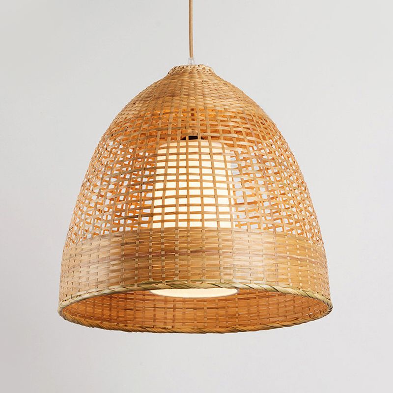 Grid Bell Living Room Hanging Lamp Bamboo Single-Bulb Asian Suspension Pendant Light in Beige