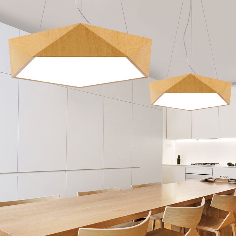 Nordic Pentagonal Chandelier Lamp Acrylic Office LED Pendant Ceiling Light in Light Wood