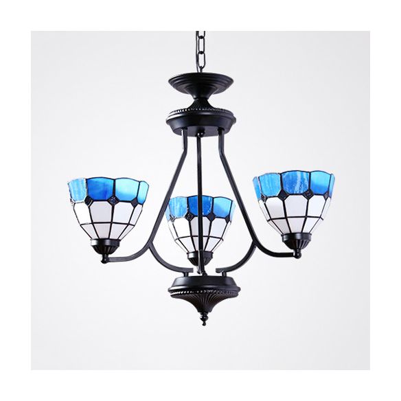 3 Lights Bowl Hanging Light with Metal Chain Adjustable Blue Glass Baroque Chandelier