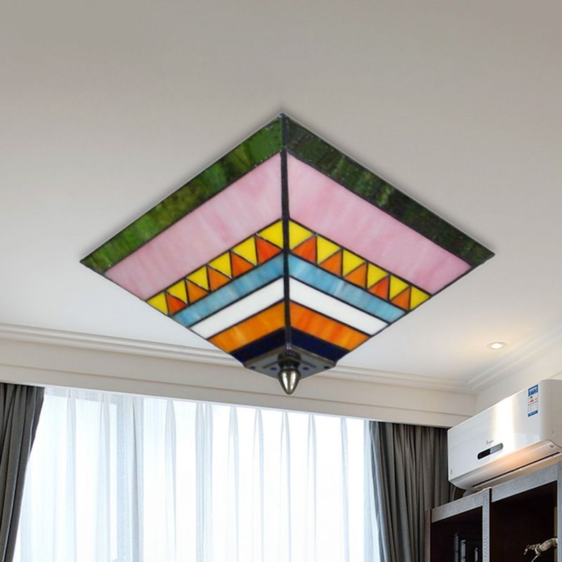 Multicolored Pyramid Flush Ceiling Light Craftsman Stained Glass 2 Bulbs Flush Mount Light for Foyer