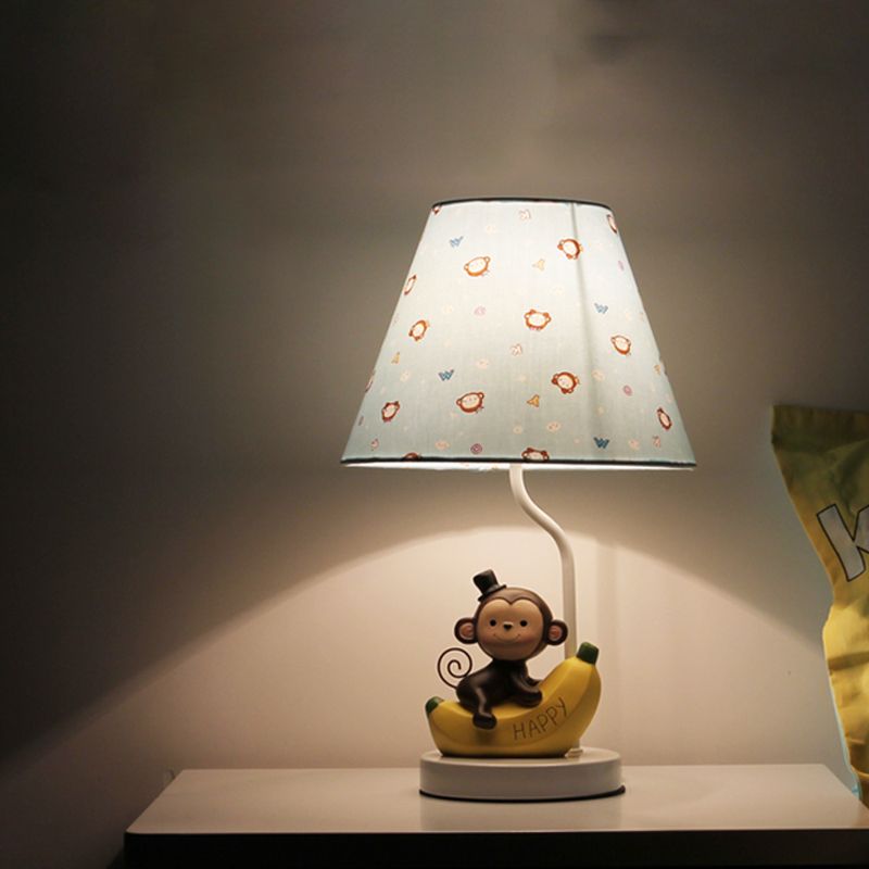 Fabric Floral Shade Table Light with Banana Monkey Kids Bedroom 1 Luz de lectura de dibujos animados en beige