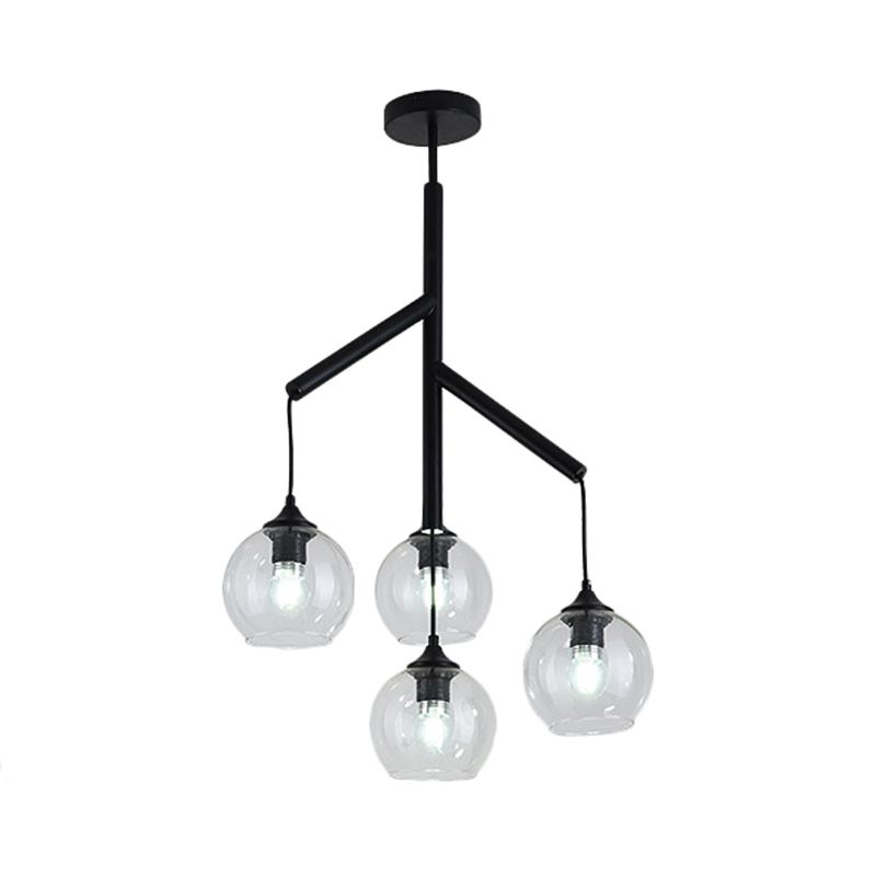 Metal Branch Chandelier Lamp Contemporary 4 Lights Black Hanging Pendant Light with Clear Glass Round Shade