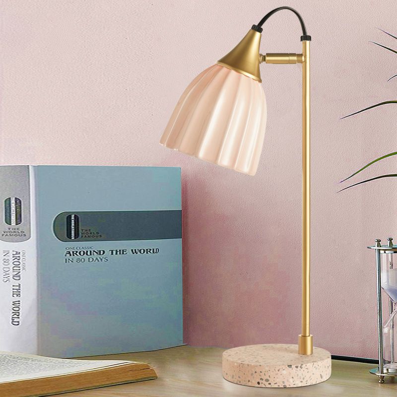 Pink/Sky Blue Ribbed Domed Table Light Modernism 1 Head Ceramics Desk Lamp with Gold Arm and Marble Base