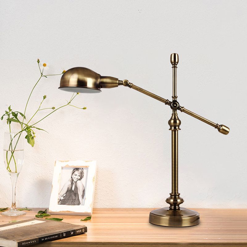 LED Desk Light Countryside Dome Metal Table Lamp in Gold with Rotatable Crossing Arm