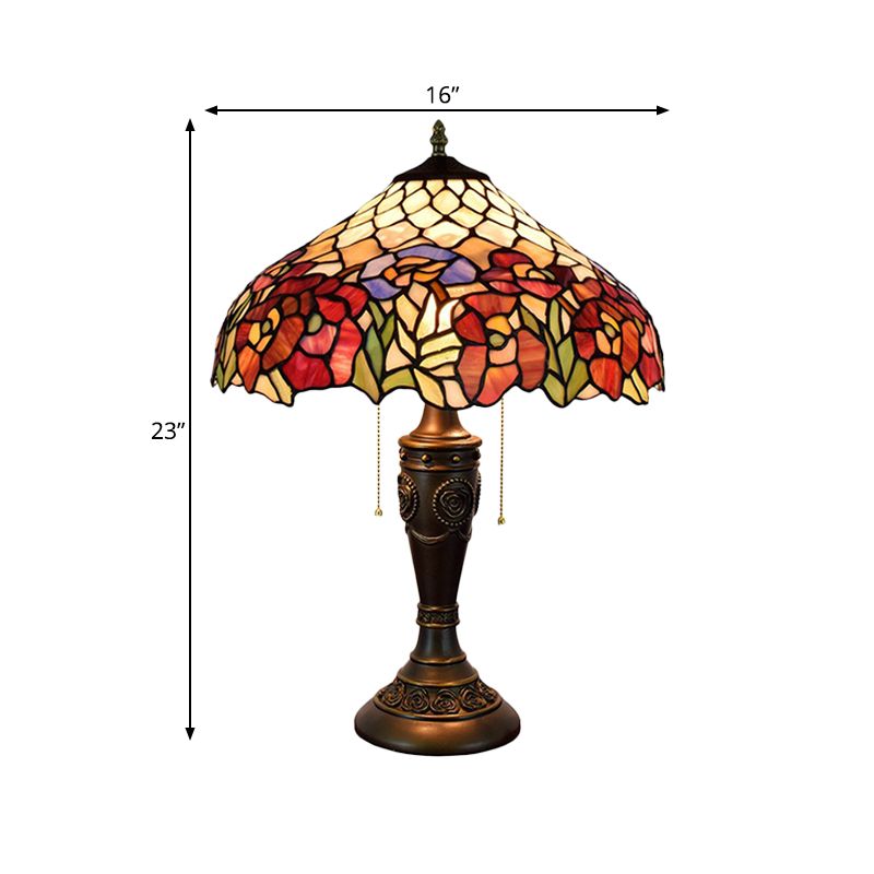 Barn Shade Pull-Chain Night Light Victorian Stained Floral Glass 2-Bulb Bronze Table Lamp for Living Room