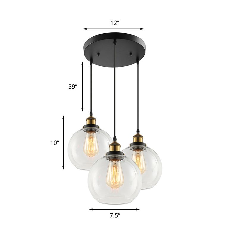 3/4-licht Clear Glass Multi Hanging Light Fecture Industrial Antique Brass Orb Living Room Hanger met ronde luifel