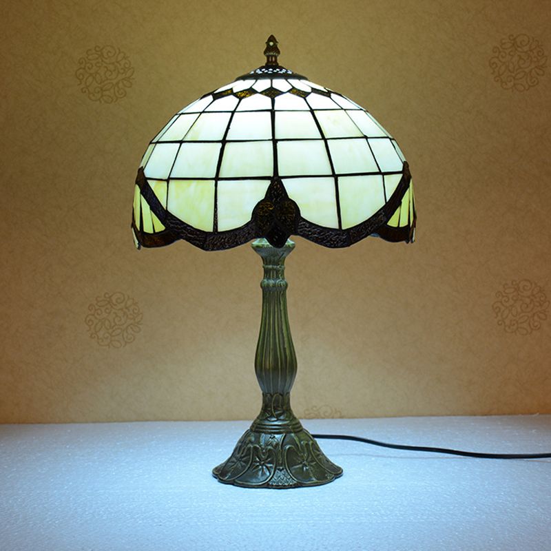 1 Bulb Handmade Grid Night Lamp Tiffany Bronze Stained Glass Table Light for Bedroom