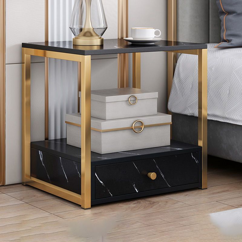 Wooden and Metal Bedside Cabinet Modern Minimalist Bedside Table with Drawers