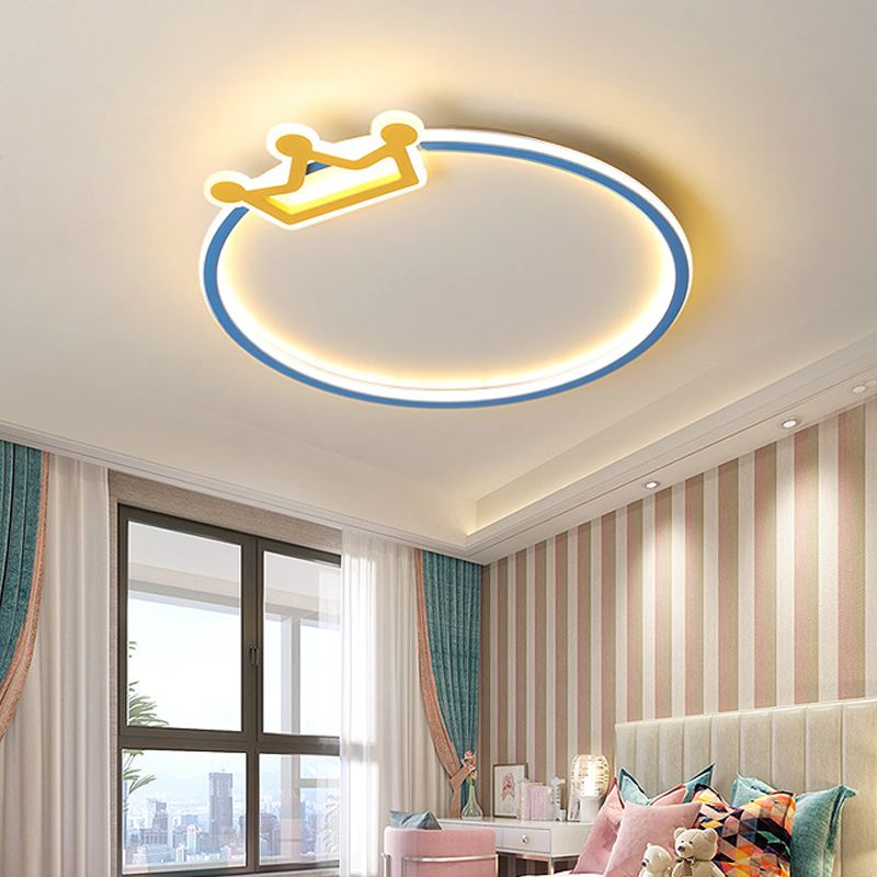 Blue Ring Flush Mount Ceiling Lamp Modernist Acrylic LED Flushmount Lighting with Diamond/Crown Design for Bedroom