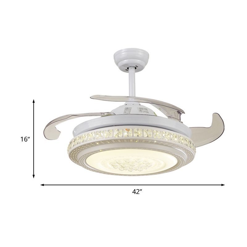 42" W White LED Ceiling Fan Lighting Minimalism Metal Circular Semi Flush Mount Light with 4 Clear Blades, Remote/Wall Control/Frequency Conversion