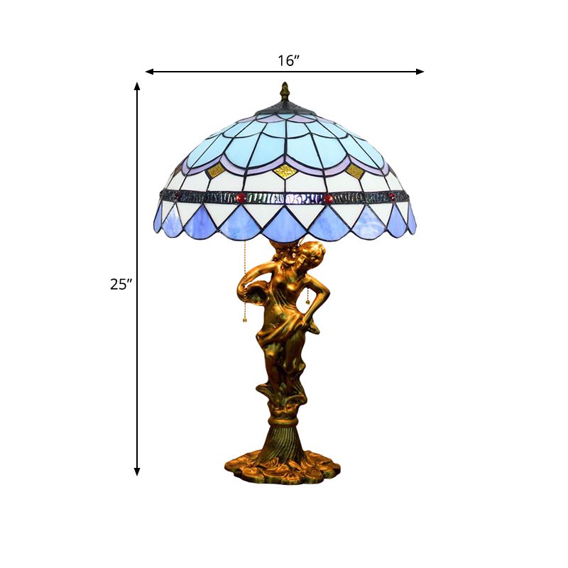 2 Heads Pull Chain Night Light Mediterranean Cone/Dome Beige/Blue-Brown Glass Table Lighting with Bronze Maid Base