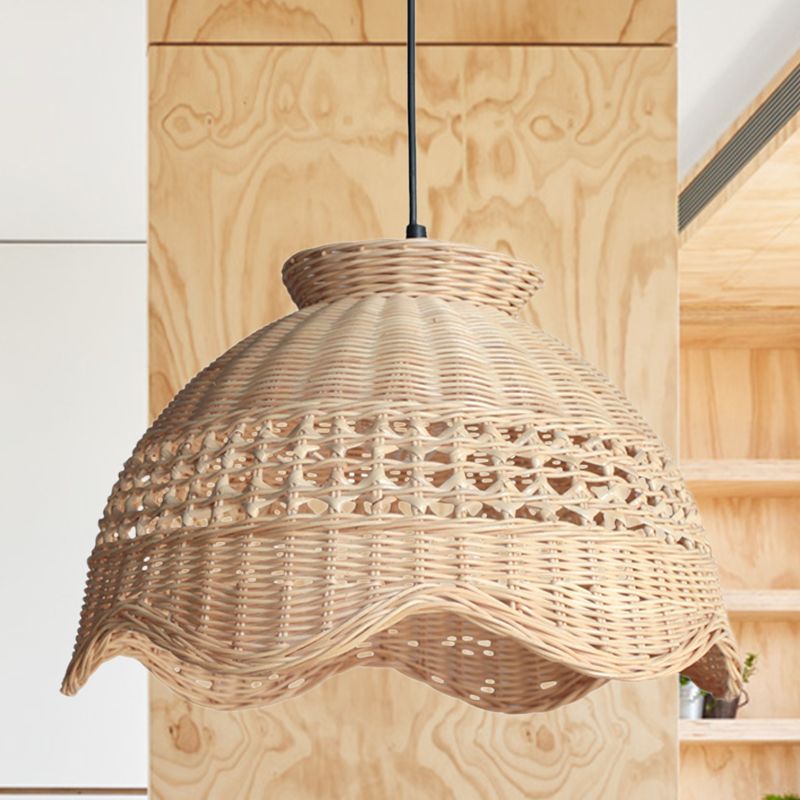 Domed Ceiling Pendant Modern Bamboo 1 Bulb Dining Table Suspended Lighting Fixture with Scalloped Edge