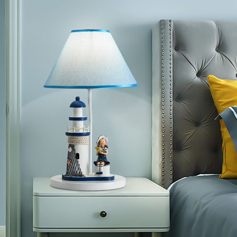 Boy/Girl and Lighthouse Table Light Cartoon Resin 1 Light White/Blue Night Stand Lamp with Tapered Shade