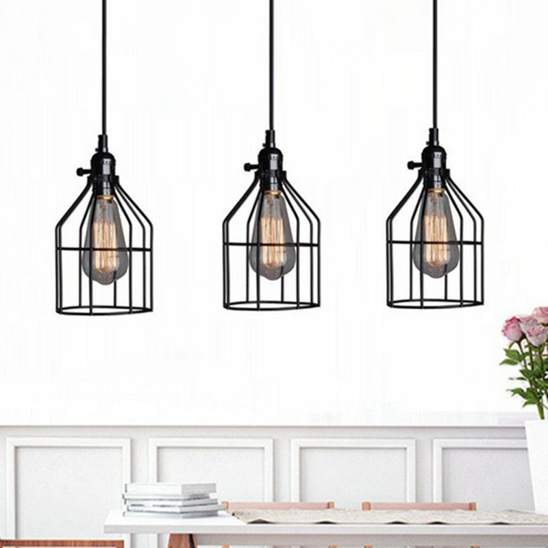 Iron Cage Pendant Lighting Fixture Farmhouse 1 Head Dining Room Suspension Lamp in Black