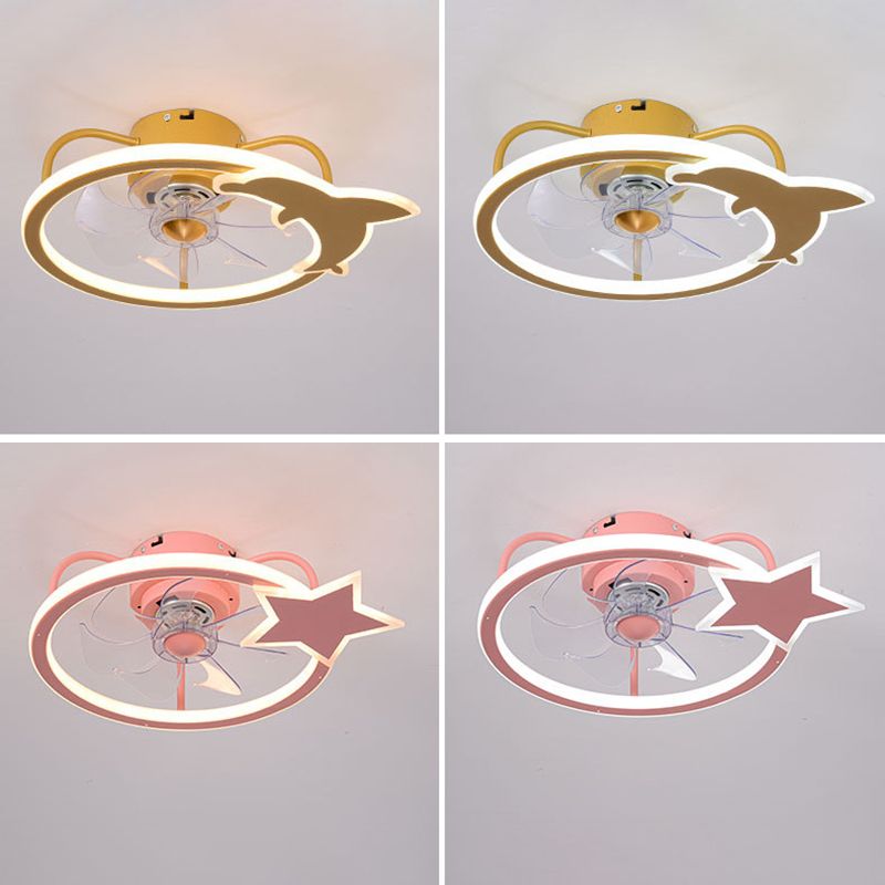 Cartoon LED Semi Flush Lamp Circular Ceiling Fan Light with Acrylic Shade for Child Room