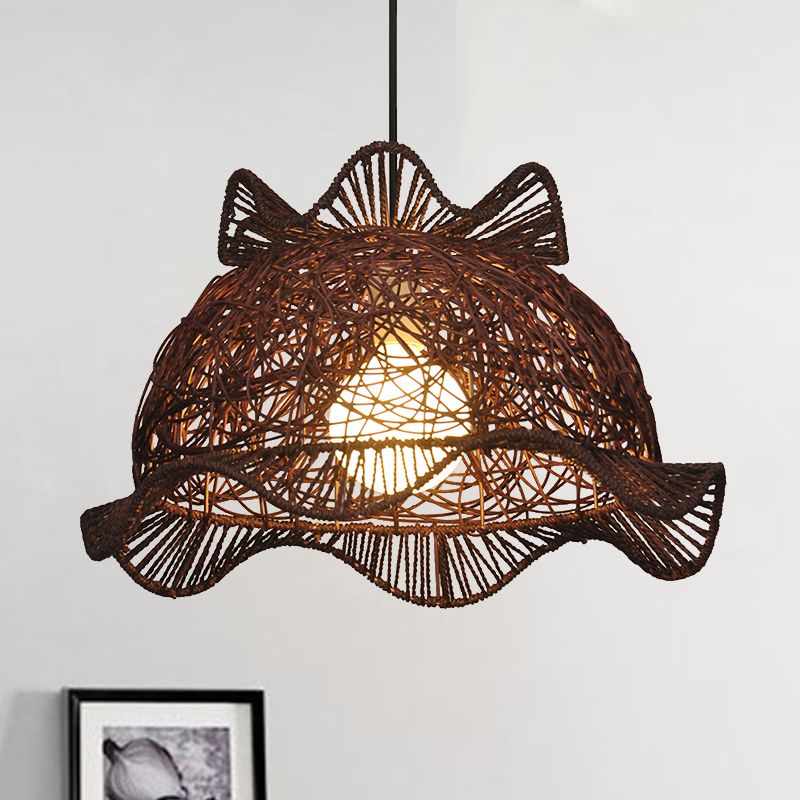 Coffee Ruffle-Edge Bowl Pendant Modernist Single Bamboo Ceiling Suspension Lamp for Dining Room