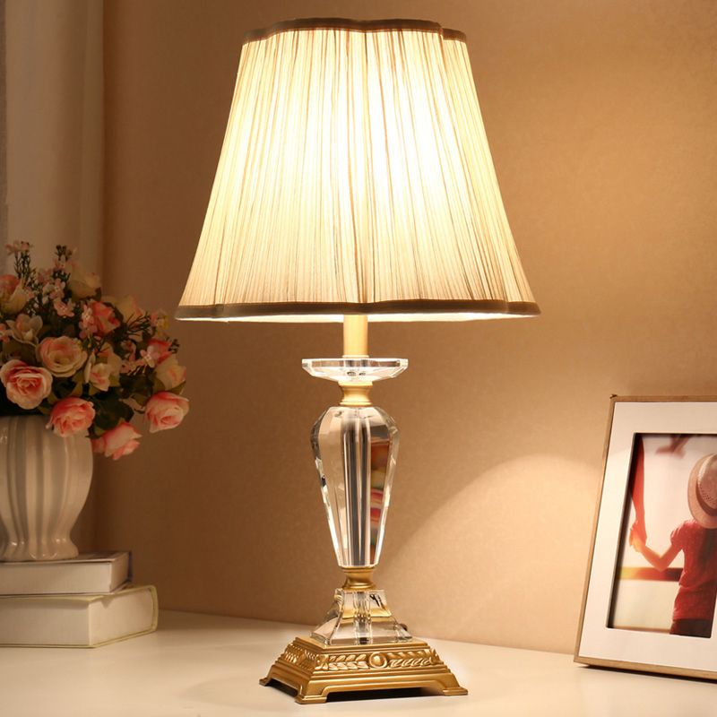 Tapered Table Lamp Modern Beveled Crystal 1 Bulb Task Light in Beige with Fabric Shade