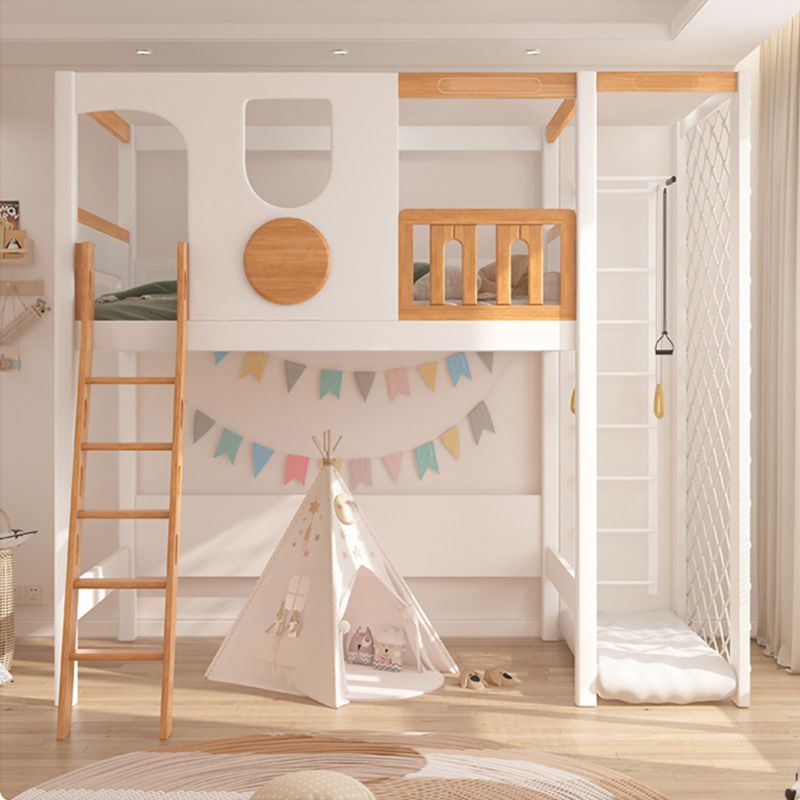 Contemporary White Solid Wood Loft Bed with Built-In Ladder/Stairway