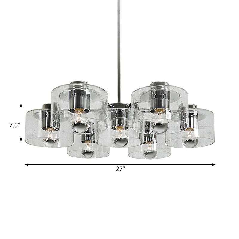 Study Room Drum Pendant Lighting Clear Glass 7 Heads Simple Style Chrome E27 Chandelier