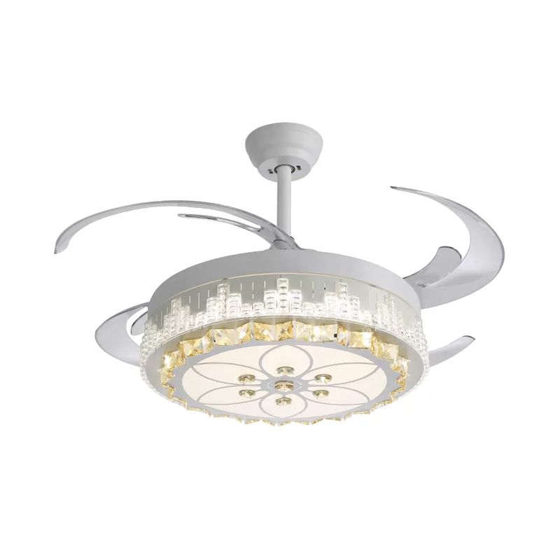 Nordic Round 4-Blade Semi Flush Light Fixture Crystal Living Room LED Hanging Fan Lamp in White, 19" Wide