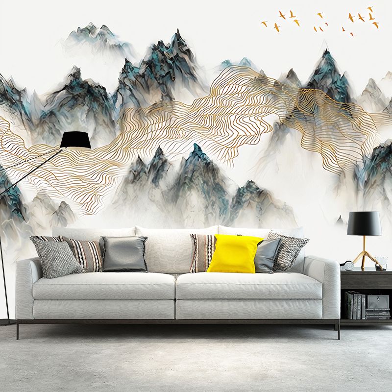 Large Illustration Vintage Mural Wallpaper for Guest Room with Mountain in Green and Yellow