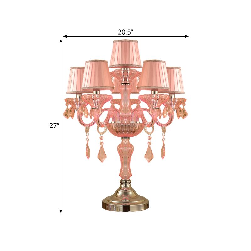 Kerzenschlafzimmertisch Licht traditionelle Kristallspeere 5/6/7 Lampen -Rosa -Nachttisch -Lampe mit Faltenstoffschatten